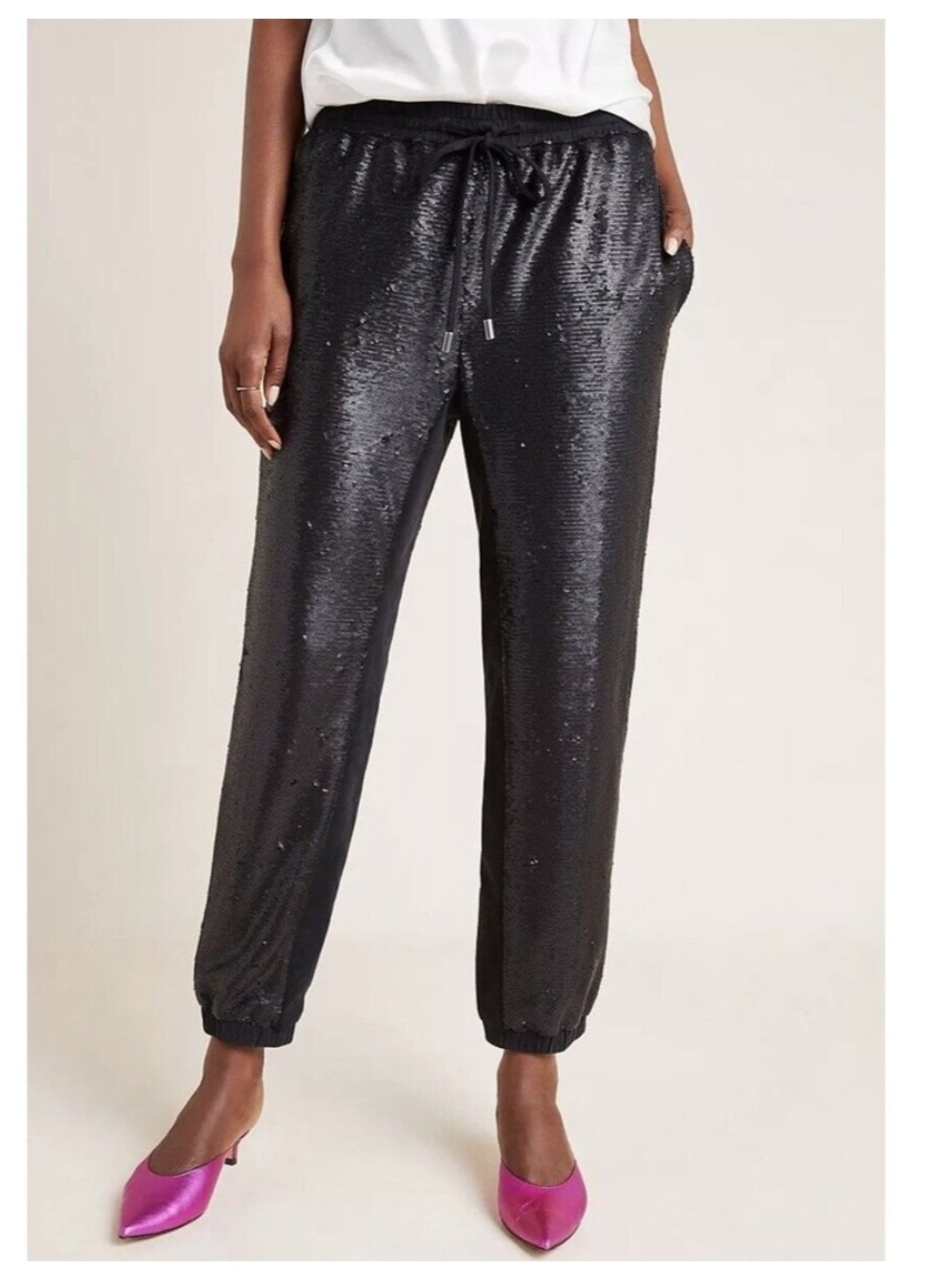 Anthropologie Black Sequin Track Joggers with Drawstring - Picture 2 of 11